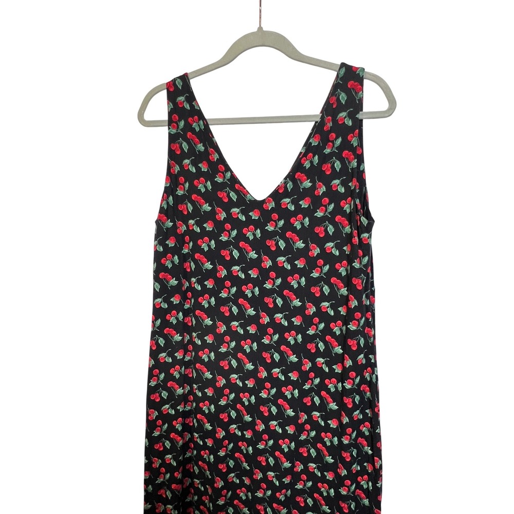 Reformation Jeans Black Cherry Print V-Neck Midi Dress Sleeveless Slit Size M
